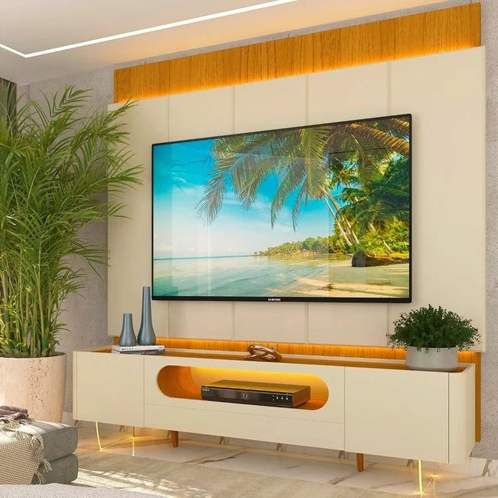 Painel até 85″ Magnífico Naturale/Off White + Rack Nobre 210 (Pés de vidro) Off White/Naturale