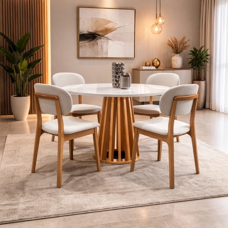 Mesa Berlim 100 Cinamomo/Off White com 4 Cadeiras Gaya Linho Bege 01