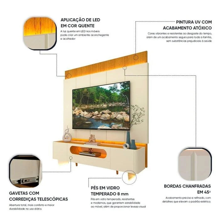 Painel até 85″ Magnífico Naturale/Off White + Rack Nobre 210 (Pés de vidro) Off White/Naturale
