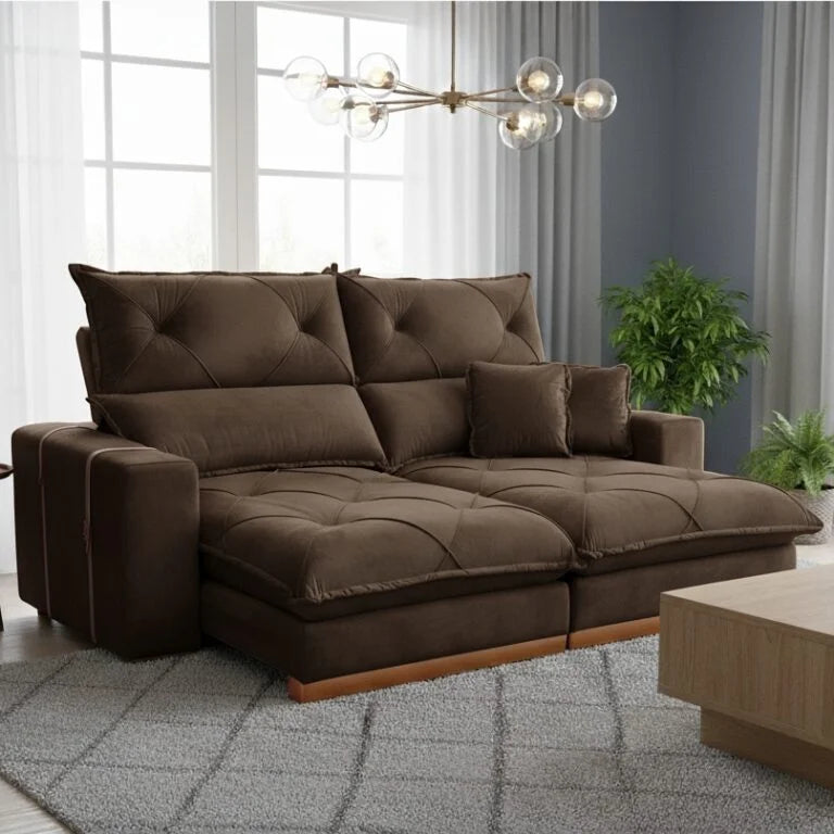 Sofá Retrátil e Reclinável Gran Bello Light 2,50 m Veludo Marrom – QUINE ESTOFADOS
