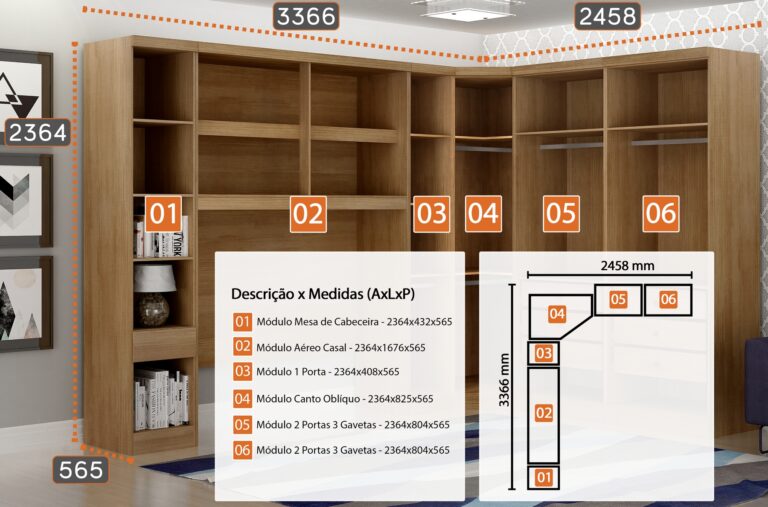 Modulado Casal/Queen 6 módulos Rizon (Dois Módulos 2 Pts + Criado + Módulo 1 Pt + Canto Oblíquo + Aéreo 1.67)